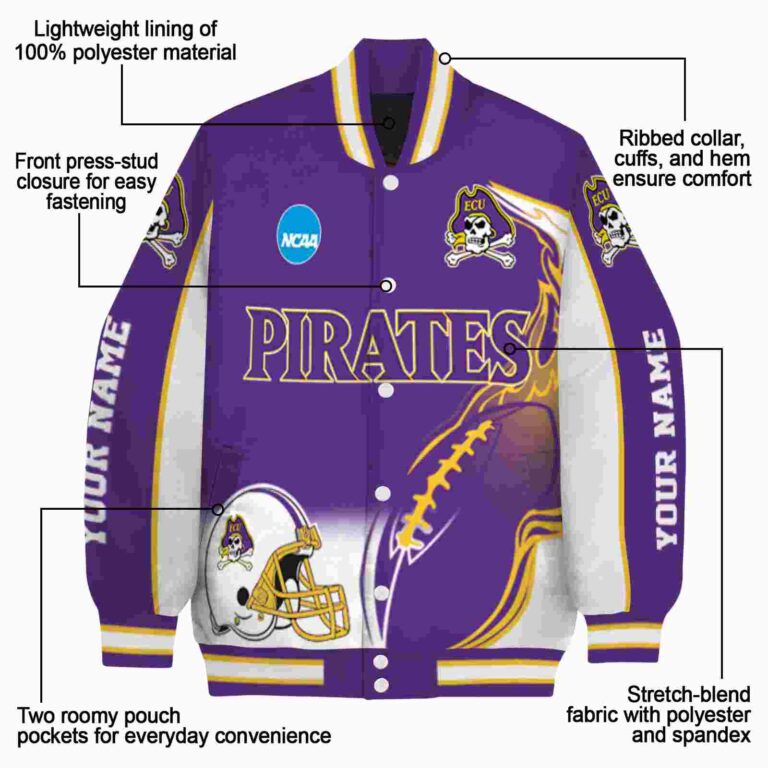 personalized east carolina pirates flaming football purple white jacket new arrival jacketwow