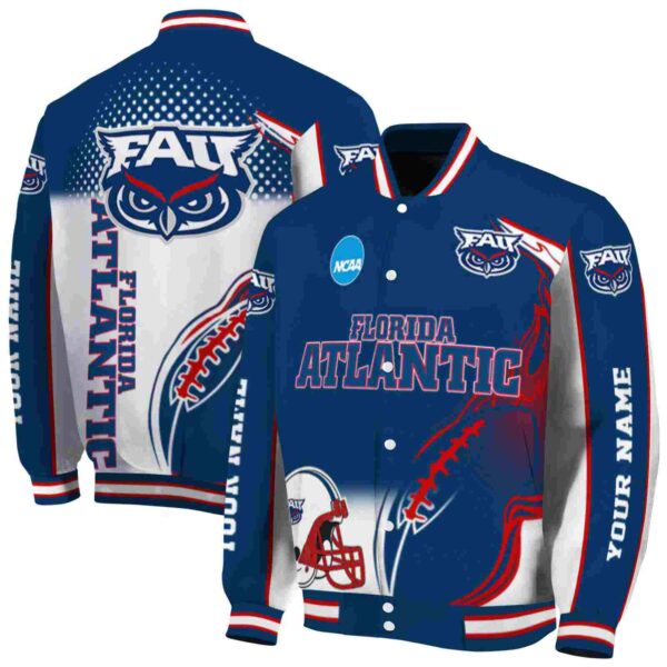 personalized florida atlantic owls flaming football blue white jacket fashion forward jacketwow