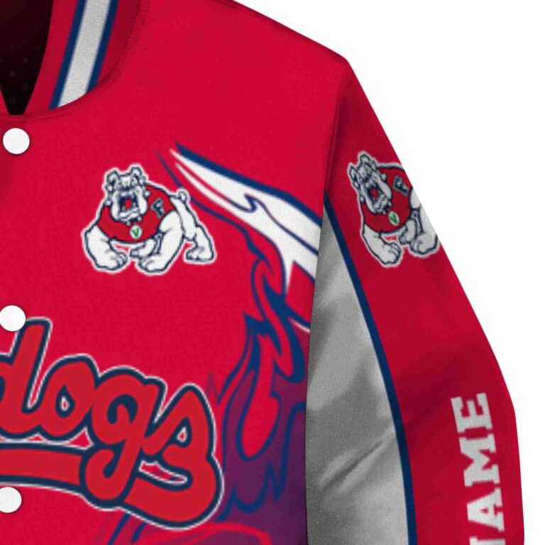 personalized fresno state bulldogs flaming football red white jacket premium grade jacketwow