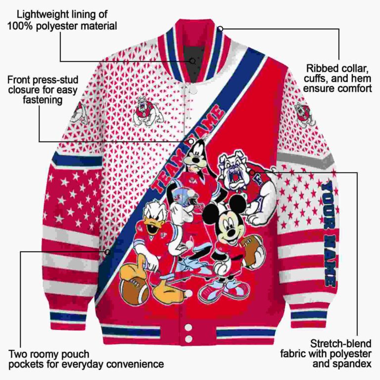 personalized fresno state bulldogs mickey donald goofy red white jacket new arrival jacketwow