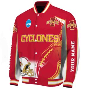 personalized iowa state cyclones flaming football red white jacket best selling jacketwow