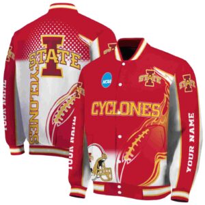 personalized iowa state cyclones flaming football red white jacket fashion forward jacketwow