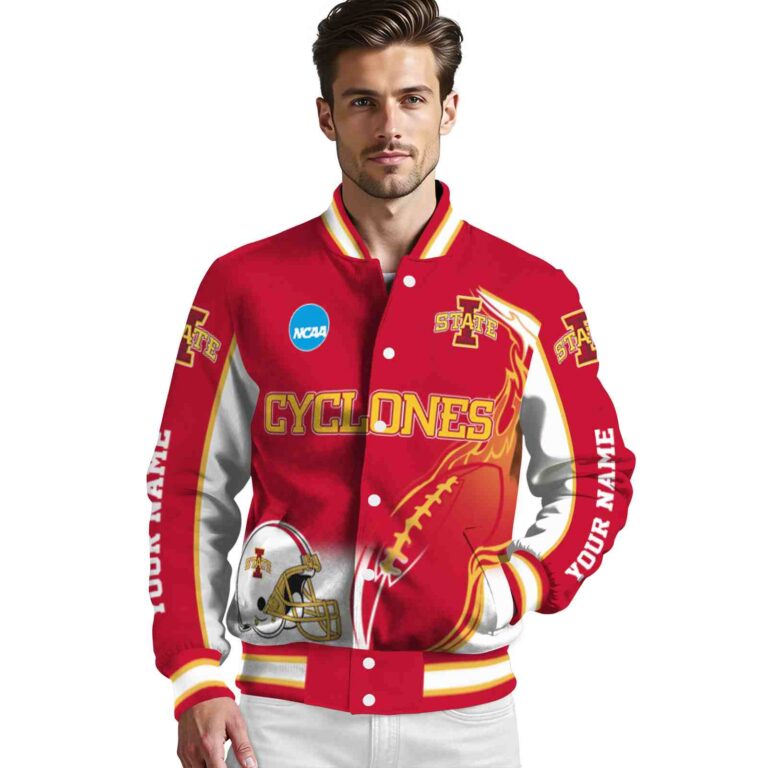 personalized iowa state cyclones flaming football red white jacket high quality jacketwow