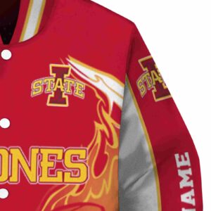 personalized iowa state cyclones flaming football red white jacket premium grade jacketwow