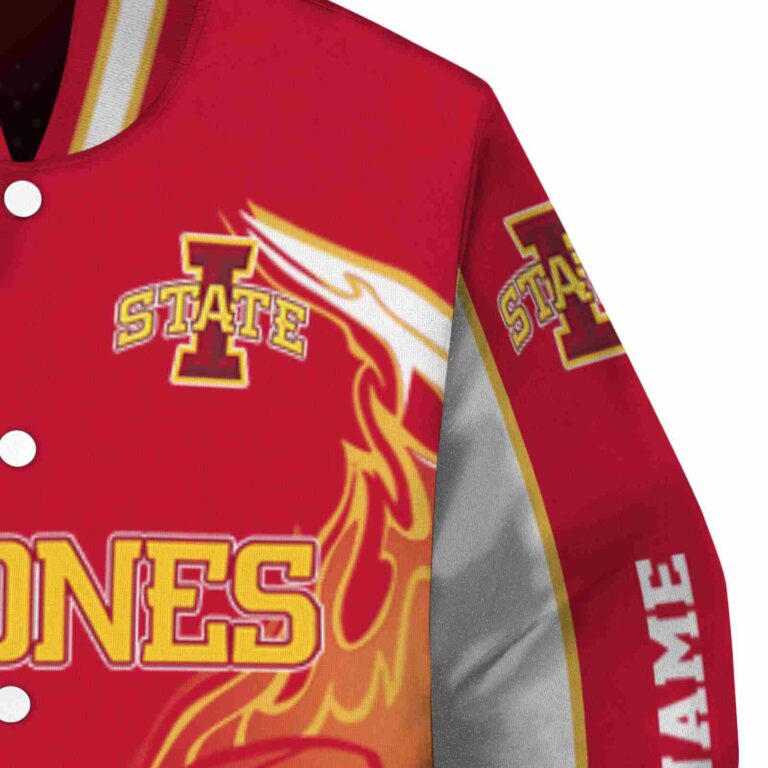 personalized iowa state cyclones flaming football red white jacket premium grade jacketwow