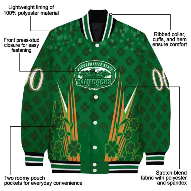 personalized jacksonville state gamecocks shamrock pattern green jacket new arrival jacketwow