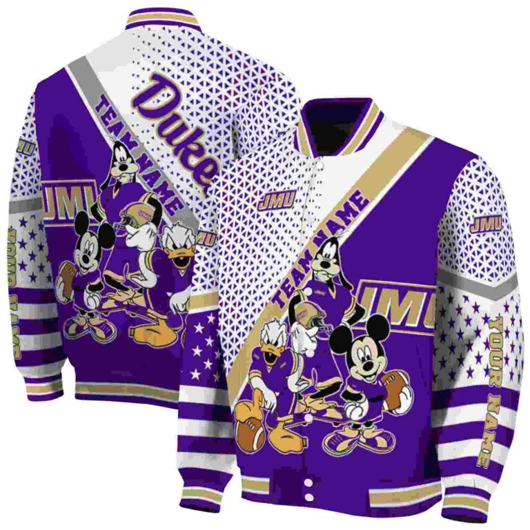 personalized james madison dukes mickey donald goofy purple white jacket fashion forward jacketwow