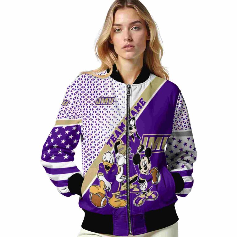 personalized james madison dukes mickey donald goofy purple white jacket latest model jacketwow