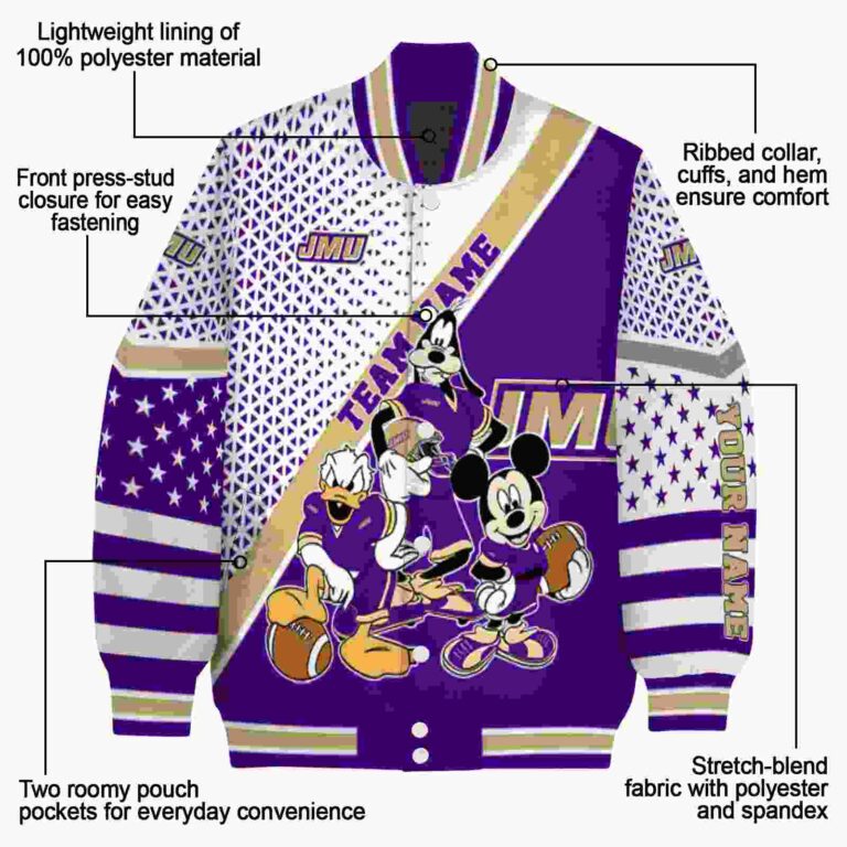 personalized james madison dukes mickey donald goofy purple white jacket new arrival jacketwow