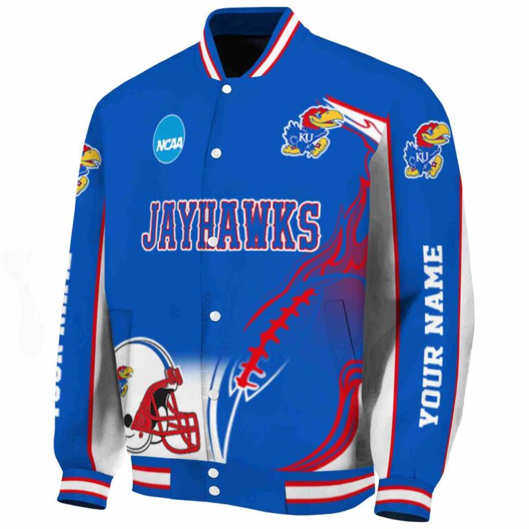 personalized kansas jayhawks flaming football blue white jacket best selling jacketwow