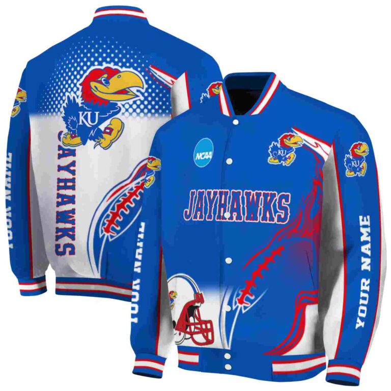 personalized kansas jayhawks flaming football blue white jacket fashion forward jacketwow
