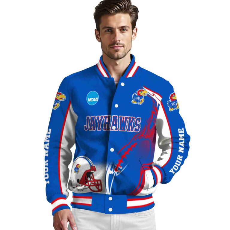 personalized kansas jayhawks flaming football blue white jacket high quality jacketwow