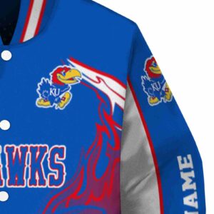 personalized kansas jayhawks flaming football blue white jacket premium grade jacketwow