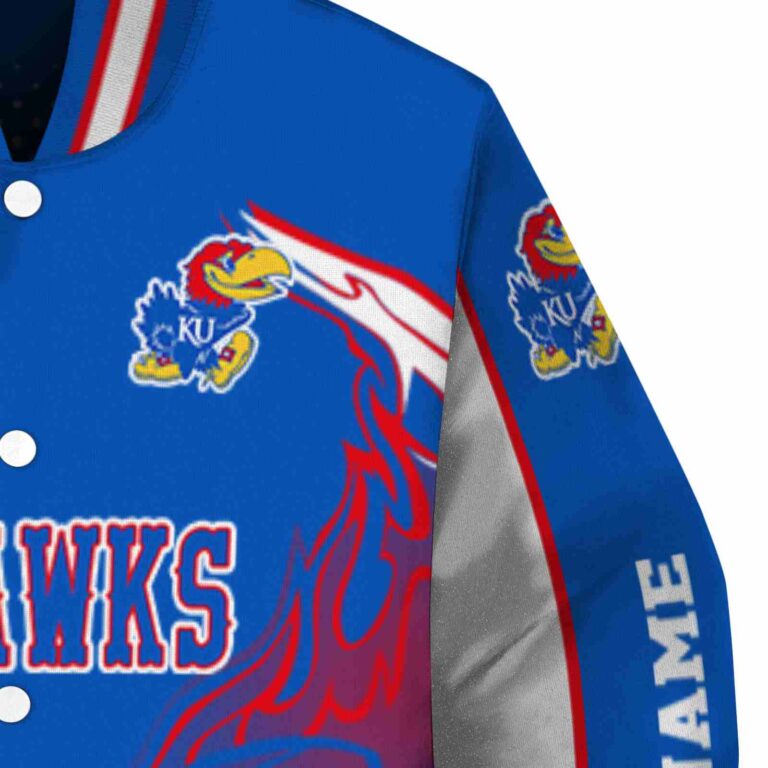 personalized kansas jayhawks flaming football blue white jacket premium grade jacketwow