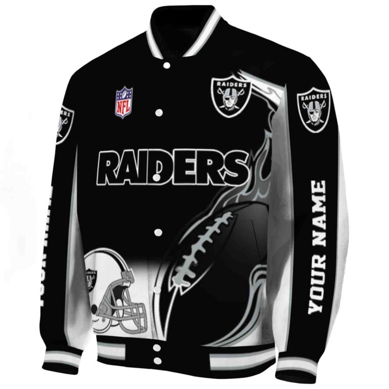personalized las vegas raiders flaming football black white jacket best selling jacketwow