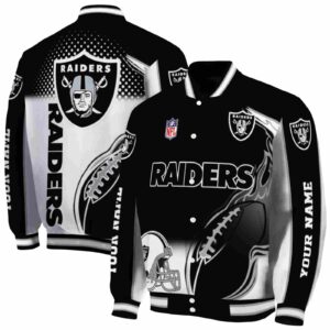personalized las vegas raiders flaming football black white jacket fashion forward jacketwow