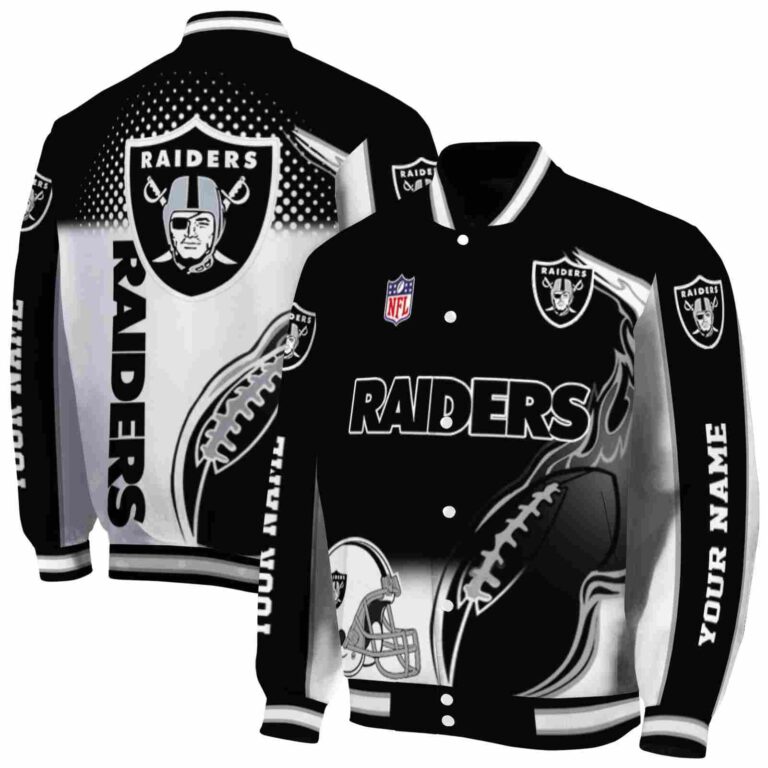 personalized las vegas raiders flaming football black white jacket fashion forward jacketwow