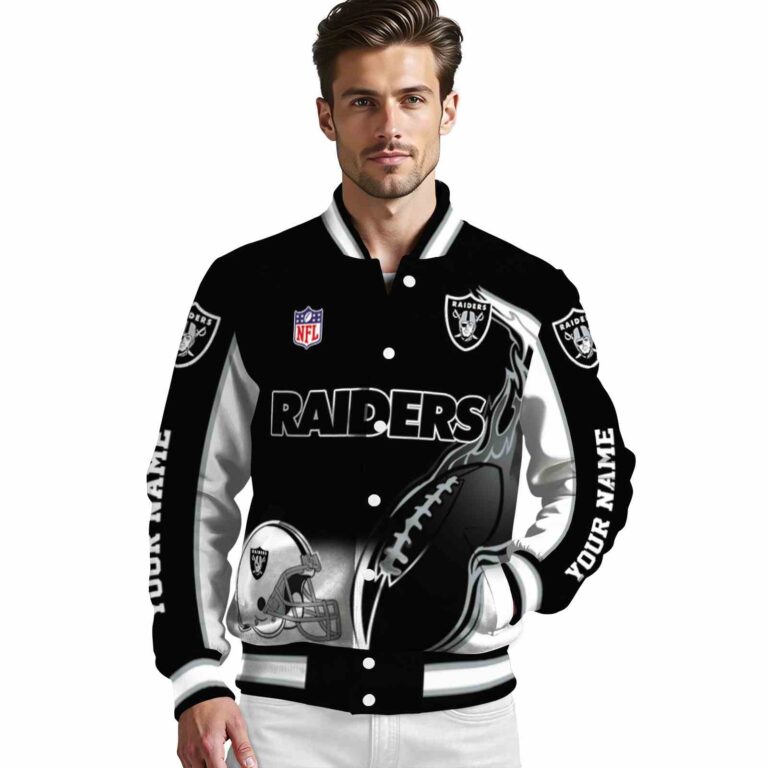personalized las vegas raiders flaming football black white jacket high quality jacketwow