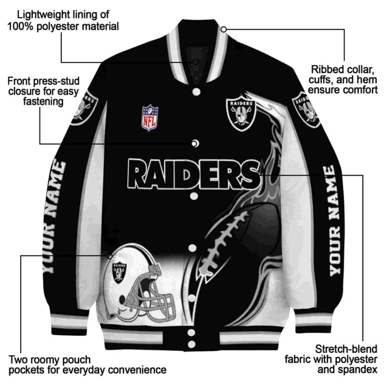 personalized las vegas raiders flaming football black white jacket new arrival jacketwow