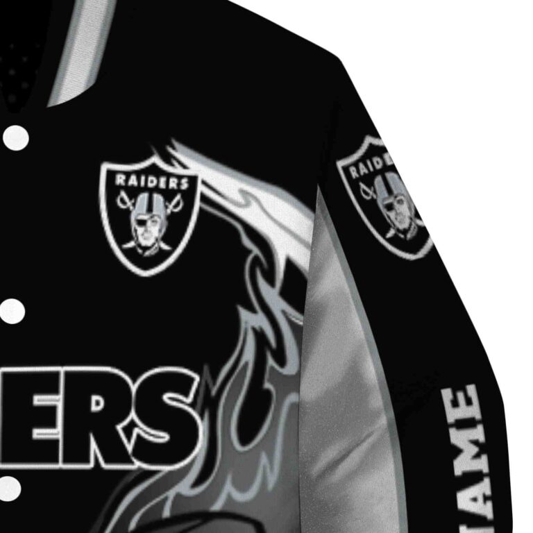 personalized las vegas raiders flaming football black white jacket premium grade jacketwow