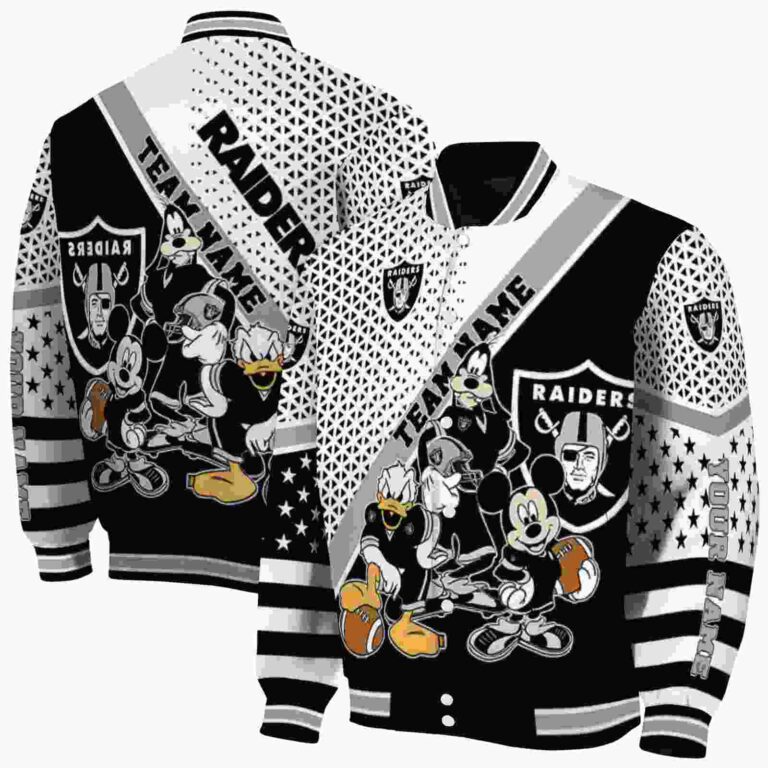 personalized las vegas raiders mickey donald goofy black white jacket fashion forward jacketwow