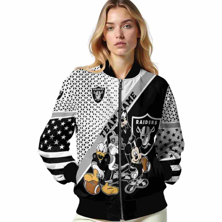 personalized las vegas raiders mickey donald goofy black white jacket latest model jacketwow