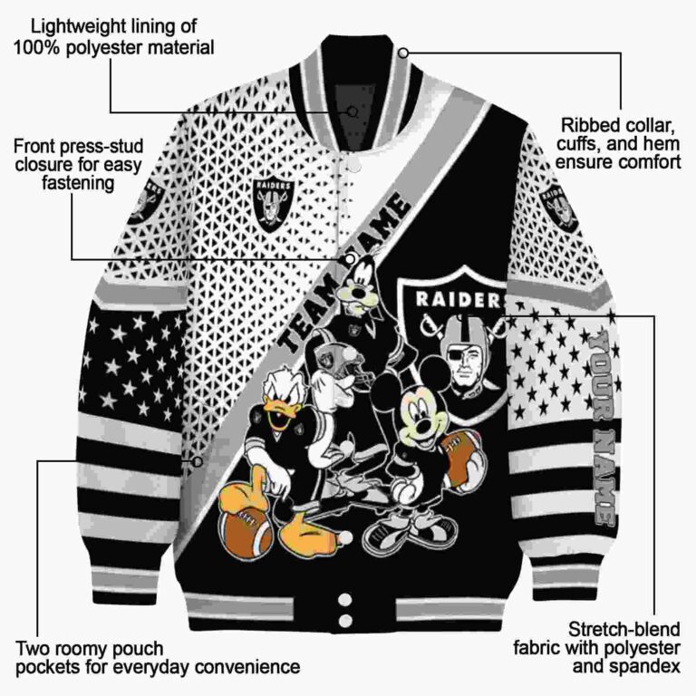 personalized las vegas raiders mickey donald goofy black white jacket new arrival jacketwow