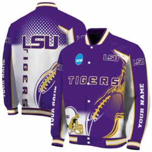 personalized lsu tigers flaming football purple white jacket fashion forward jacketwow