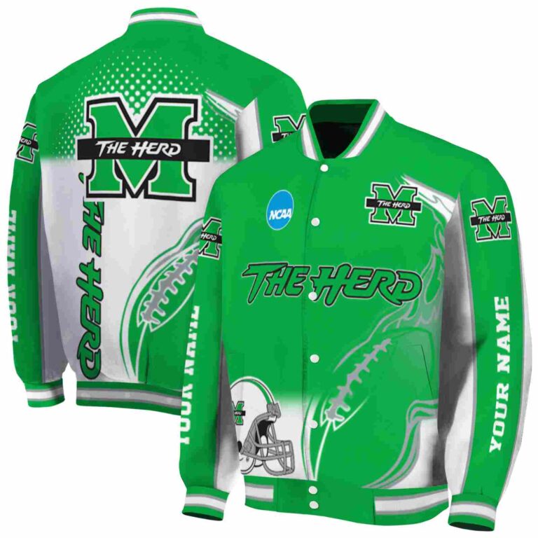 personalized marshall thundering herd flaming football green white jacket fashion forward jacketwow