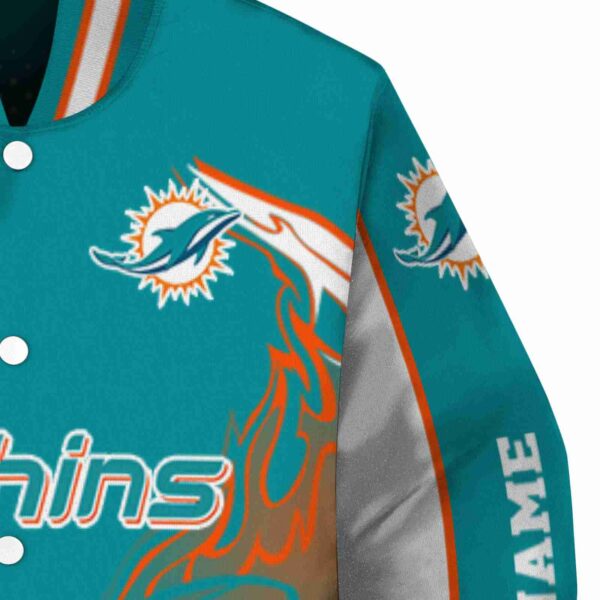 personalized miami dolphins flaming football aqua white jacket premium grade jacketwow
