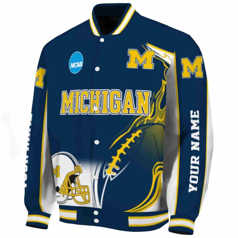 personalized michigan wolverines flaming football blue white jacket best selling jacketwow