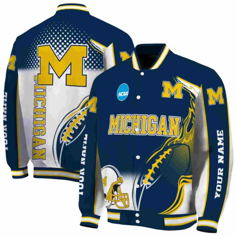 personalized michigan wolverines flaming football blue white jacket fashion forward jacketwow