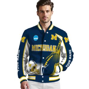 personalized michigan wolverines flaming football blue white jacket high quality jacketwow
