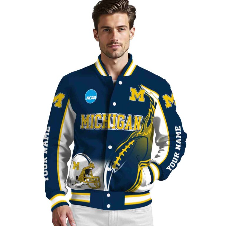 personalized michigan wolverines flaming football blue white jacket high quality jacketwow