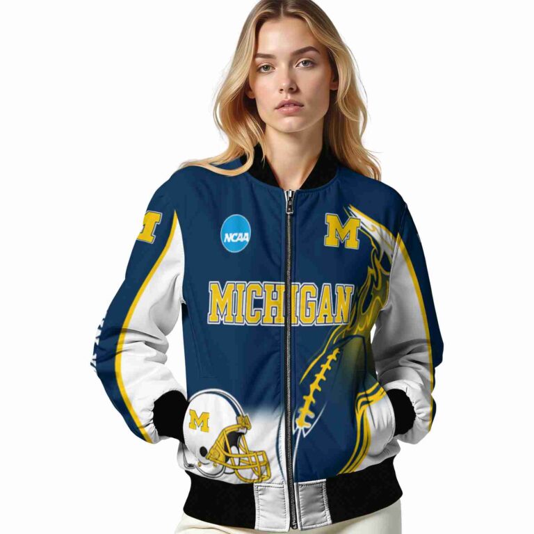 personalized michigan wolverines flaming football blue white jacket latest model jacketwow