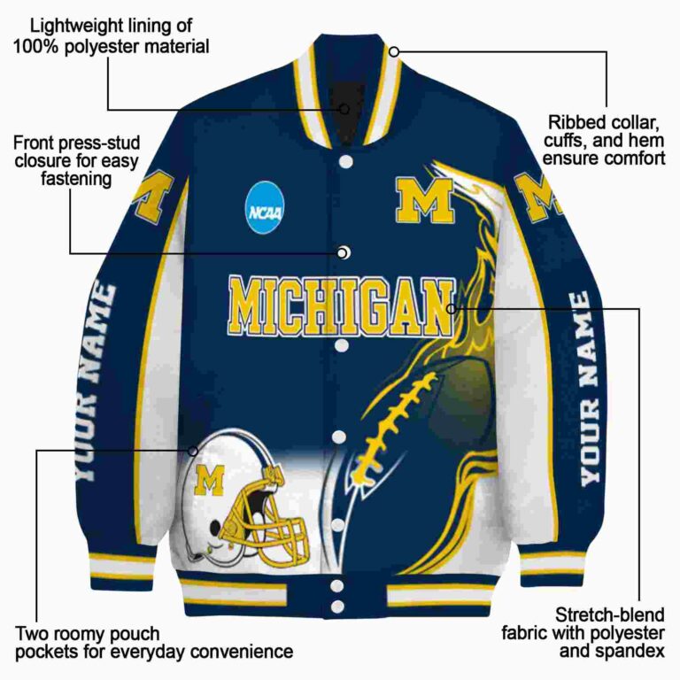 personalized michigan wolverines flaming football blue white jacket new arrival jacketwow