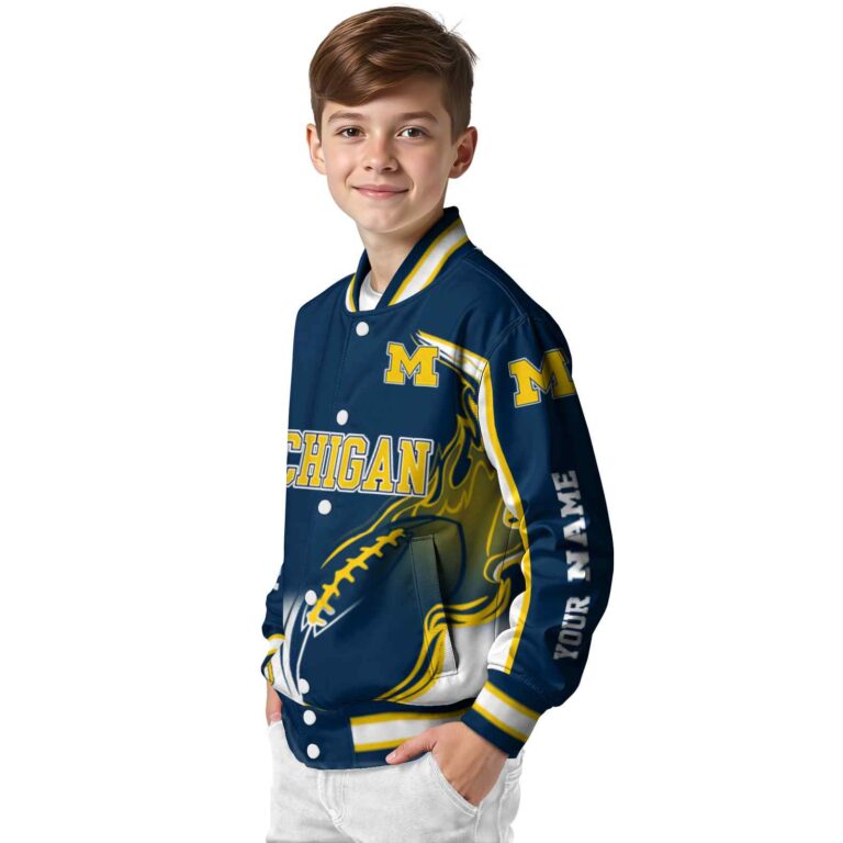 personalized michigan wolverines flaming football blue white jacket trendy jacketwow