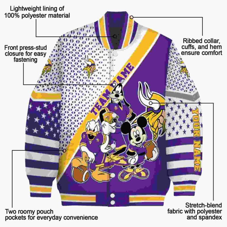 personalized minnesota vikings mickey donald goofy purple white jacket new arrival jacketwow