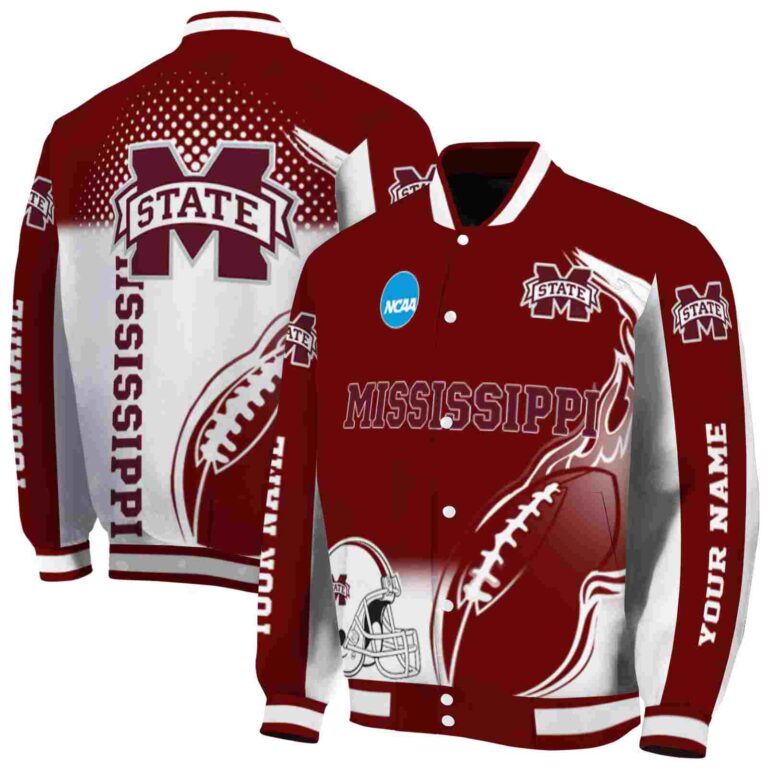 personalized mississippi state bulldogs flaming football maroon white jacket fashion forward jacketwow