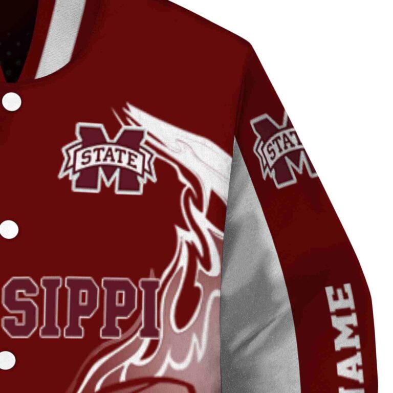 personalized mississippi state bulldogs flaming football maroon white jacket premium grade jacketwow