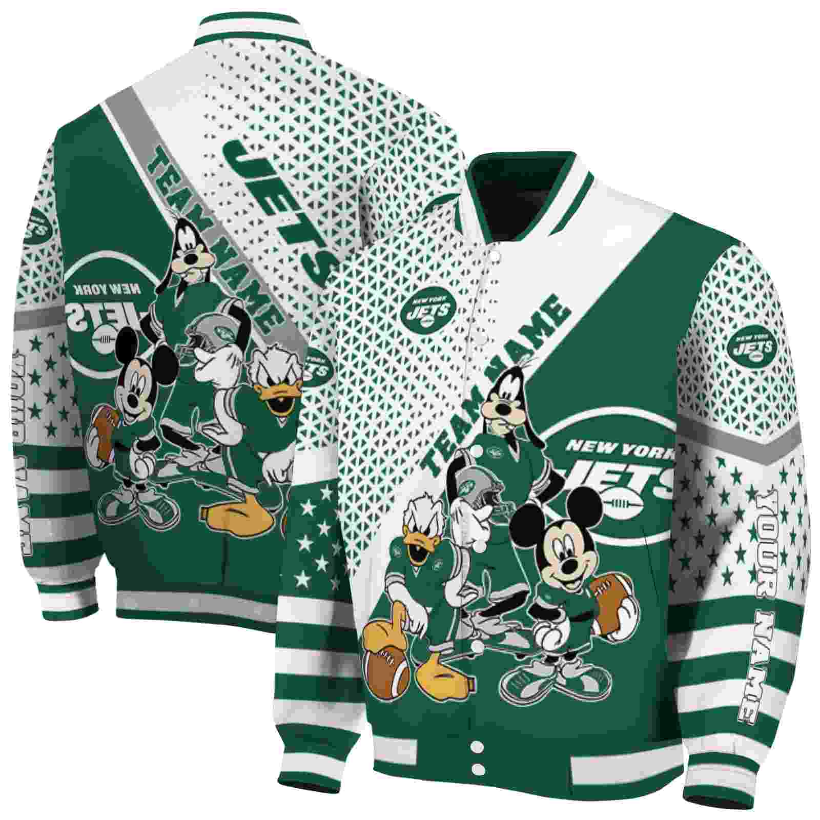 personalized new york jets mickey donald goofy green white jacket fashion forward jacketwow personalized new york jets mickey donald goofy green white jacket fashion forward jacketwow