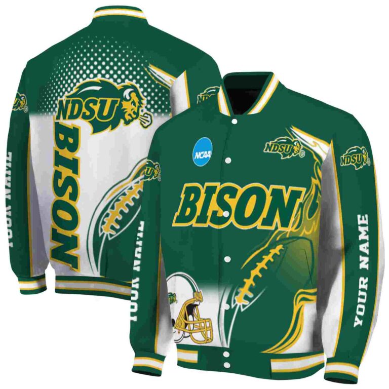 personalized north dakota state bison flaming football green white jacket fashion forward jacketwow