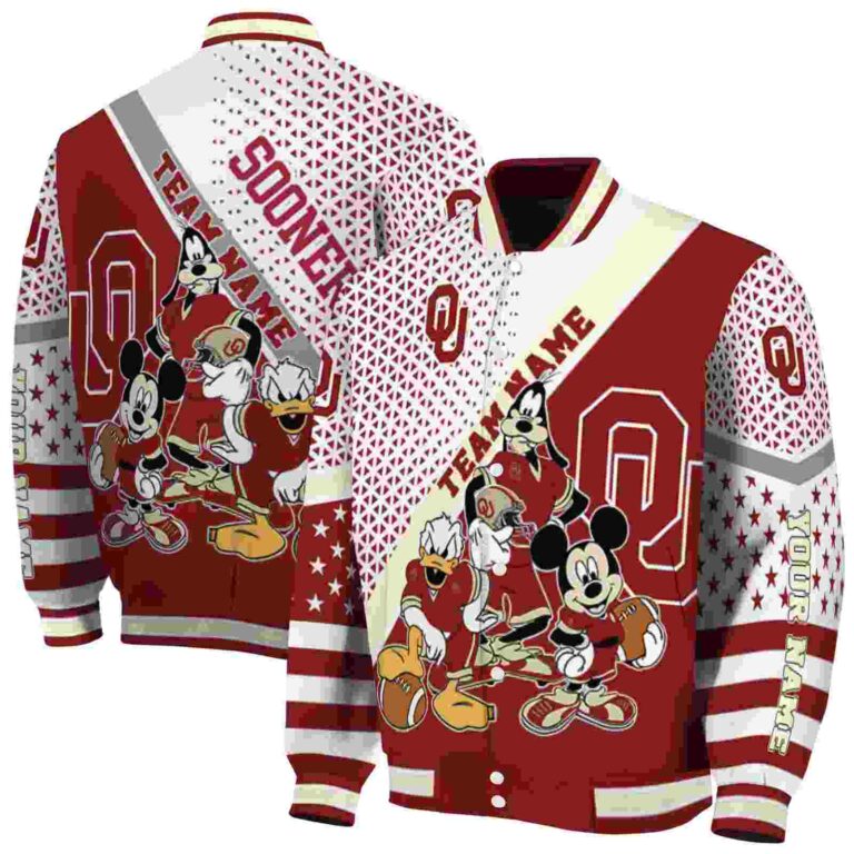 personalized oklahoma sooners mickey donald goofy crimson white jacket fashion forward jacketwow
