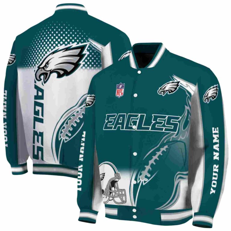 personalized philadelphia eagles flaming football green white jacket fashion forward jacketwow