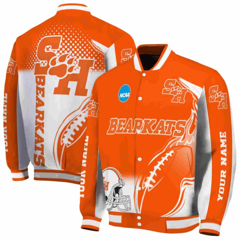 personalized sam houston bearkats flaming football orange white jacket fashion forward jacketwow