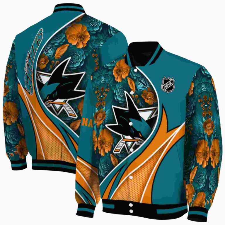 personalized san jose sharks floral print teal jacket fashion forward jacketwow