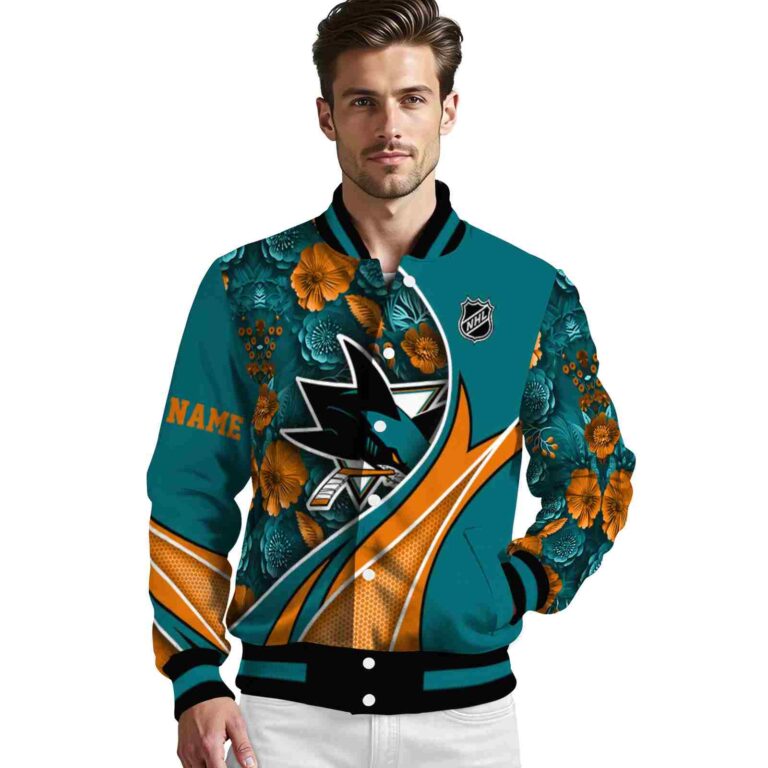 personalized san jose sharks floral print teal jacket high quality jacketwow