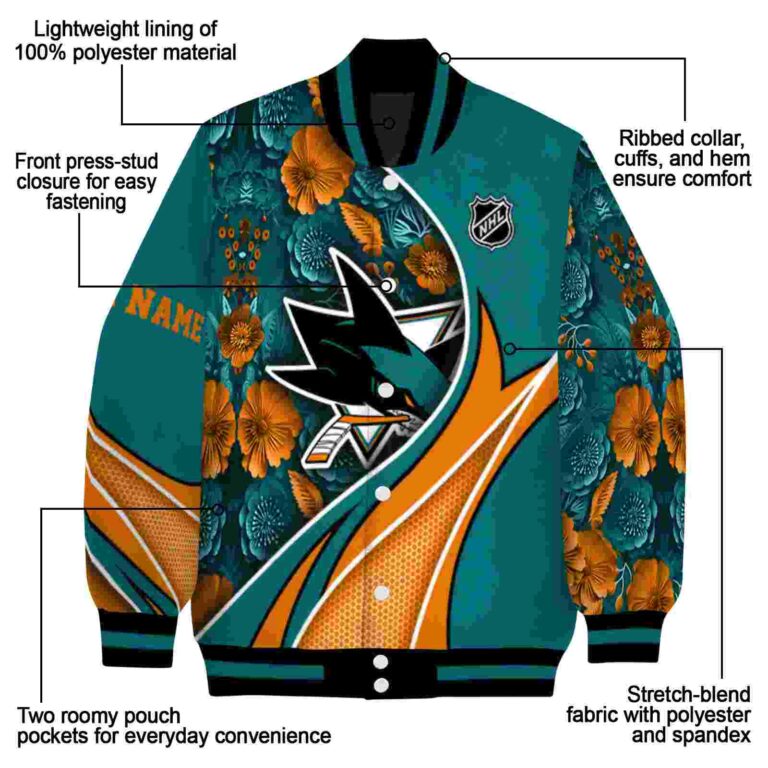 personalized san jose sharks floral print teal jacket new arrival jacketwow