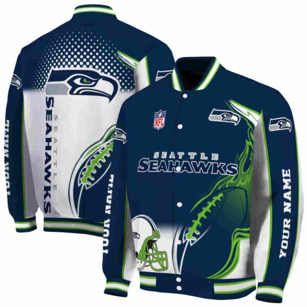 personalized seattle seahawks flaming football blue white jacket fashion forward jacketwow