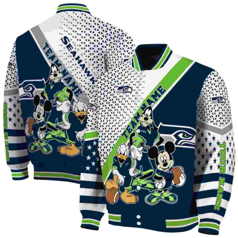 personalized seattle seahawks mickey donald goofy blue white jacket fashion forward jacketwow